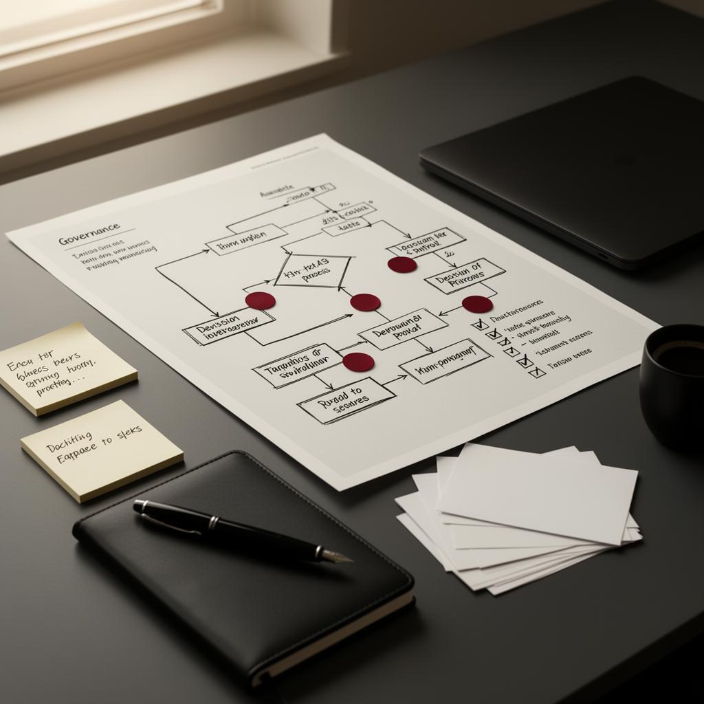 A consultancy review of an SME operational workflow: printed process map with red control points, governance checklist, notebook and pen on a charcoal desk.